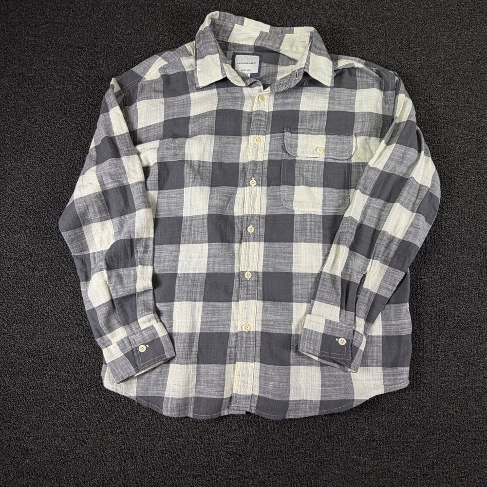 American Eagle Shirt Mens Large Super Soft Grey White Plaid Button-down EUC